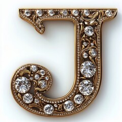 Intricately designed Golden letter J embellished with diamonds and floral ornaments, logotype, jewellery font collection perfect for themes of luxury