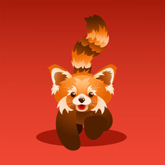 Red panda, cartoon hand drawn vector illustration on red background and gradient shape like collage applique, Ailurus fulgens animal for childrens, poster, banner, label and other product  © Veronika Schrigen