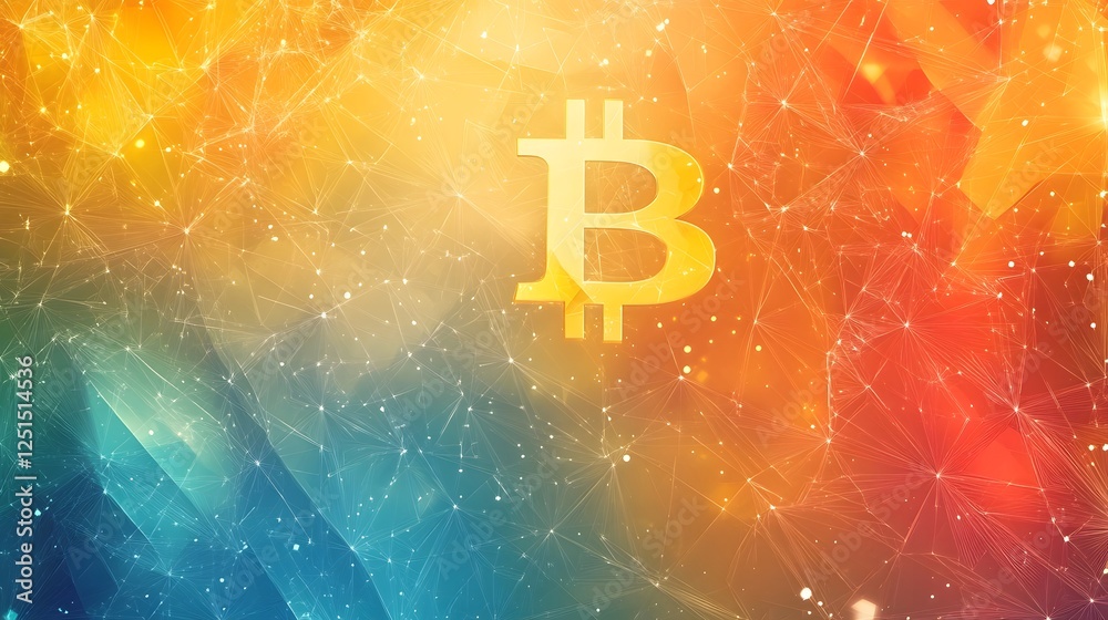 Poster Glowing Bitcoin Symbol Amid Colorful Blockchain Background with Futuristic Digital Currency Concept