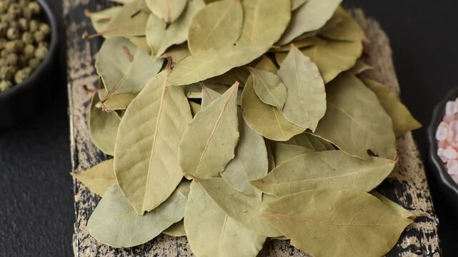 Dried bay leaves, spice, seasoning for cooking at home. Delicious healthy food