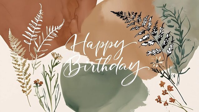 Minimalist Happy Birthday Background with Boho Botanical Design