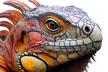 Fototapeta premium Close-up of a brightly colored iguana's head, showcasing its intricate scales, reptilian eye, and unique texture against a white background.