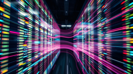 Vibrant data streams in a futuristic server room