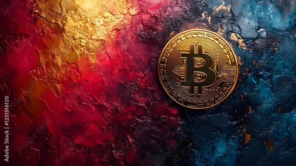 Poster golden bitcoin cryptocurrency on colorful abstract digital background