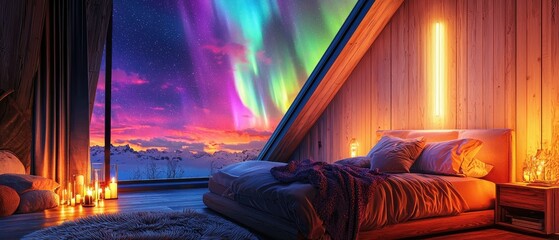 Dreamy Bedroom Design Under the Aurora Borealis with Soft Lighting and Cozy Atmosphere, Perfect for Capturing Relaxation and Serenity in a Modern Interior Space