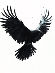 Obraz premium Black bird soaring downwards, wings wide against a stark white background Feather details and intense focus.