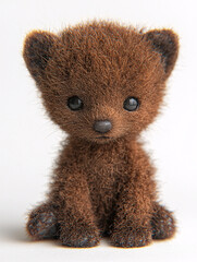 A tiny, fuzzy, brown bear cub with big, soulful eyes sits sweetly against a stark white backdrop.