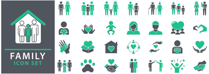 Family icon set. Family vector icons. Containing parents, mother, father, children, baby, grandparents and household icons. Set icon collection. Vector illustration.