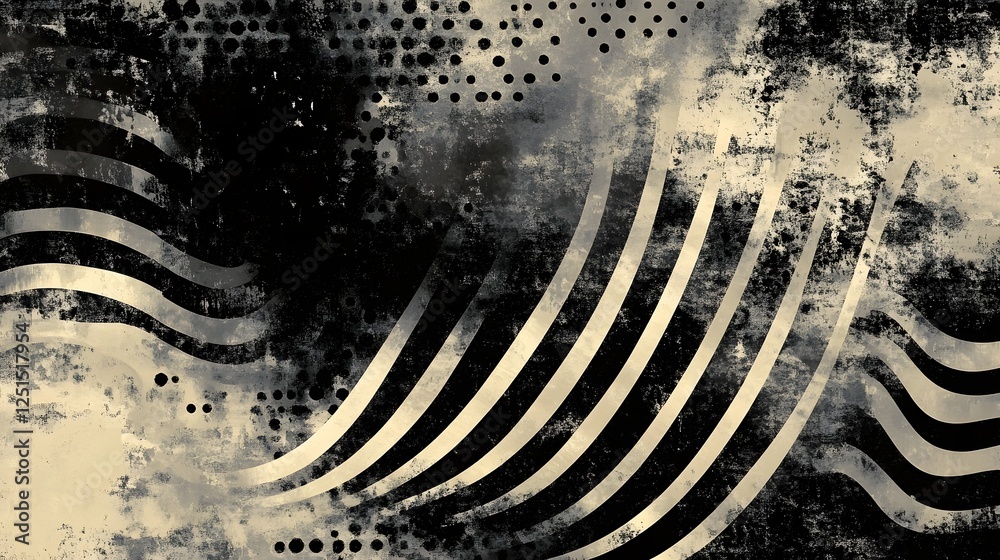 Aufkleber Grunge Abstract Textured Background with Monochrome Splatter Waves and Dotted Patterns