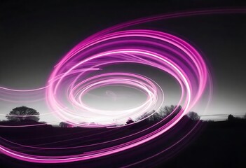 Pink Light Trails Swirling Over Silhouetted Landscape
