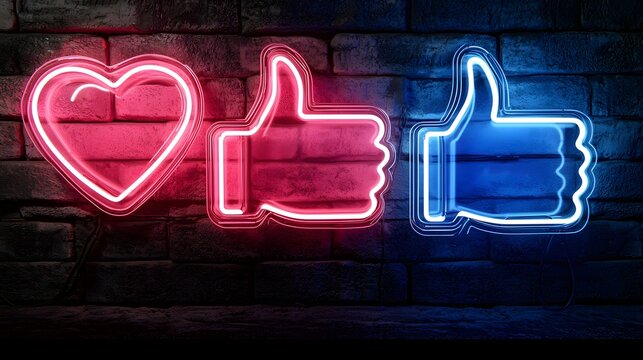 Neon Heart and Thumbs Up Signs on Brick Wall in Dark Setting