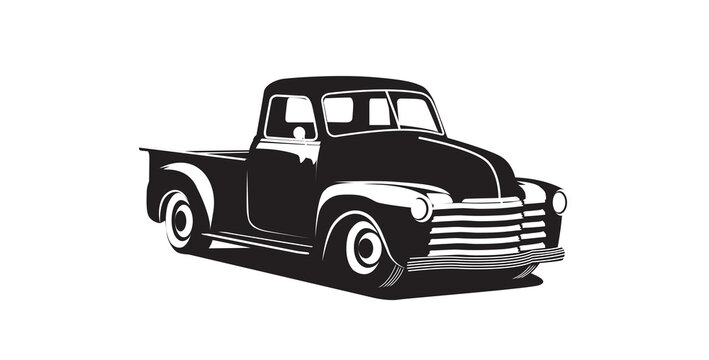 Classic truck vector graphic black and white.