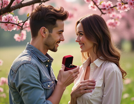 Man proposing to girlfriend with diamond ring. Romantic couple proposal in nature. Happy couple engagement moment outdoors