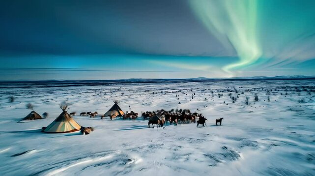 Nenets camp under bright northern lights in snowy tundra. Reindeer graze near teepees, showing traditional nomadic lifestyle, deep connection to Arctic nature, and cultural heritage.