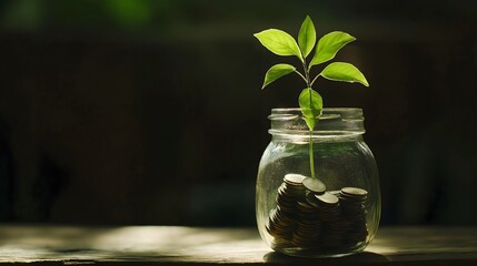 Glass jar filled with coins and a young plant growing amidst the coins in a bright setting