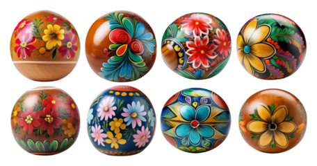 Colorful Hand-Painted Wooden Eggs with Floral Designs and Patterns, isolated on transparent background