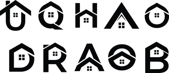 initial letter a, u, q, h, d, r, o, b home logo, initial letter real estate icon, vector
