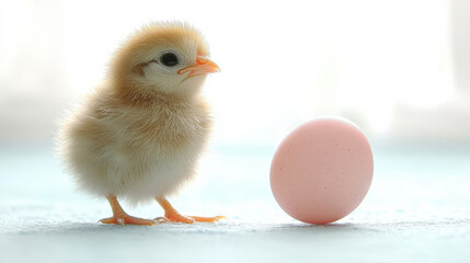 Fototapeta premium fluffy chick stands beside pink egg on soft blue background, evoking sense of innocence and new beginnings
