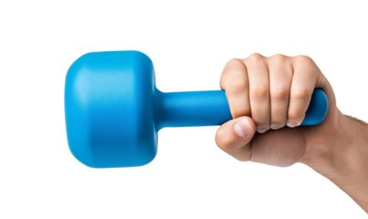 Hand holding a blue dumbbell for fitness.