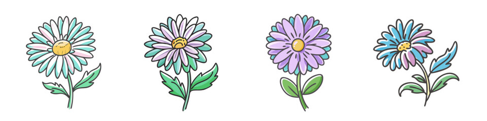 Hand-drawn Aster Flowers Illustration SetA charming set of four hand-drawn aster flowers with colorful petals and green leaves, displayed on a white background.