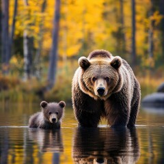 Obraz premium bear and its cub stand in serene forest lake, surrounded by vibrant autumn foliage. golden leaves reflect on water, creating peaceful and picturesque scene