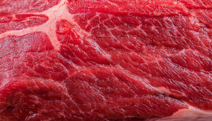 Close-up of raw beef, highlighting its vibrant red color, texture and marbling. Perfect for culinary enthusiasts and food photographers, showcasing the quality and texture of the meat.