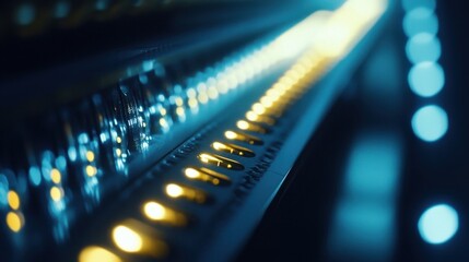 Close up view of a glowing circuit board, highlighting the intricate design and vibrant lights. The image emphasizes modern technology and innovation in electronic components