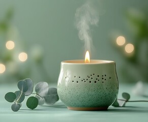 burning candle in a glass Aromatic diffuser releasing fragrant mist of choice in a spa.