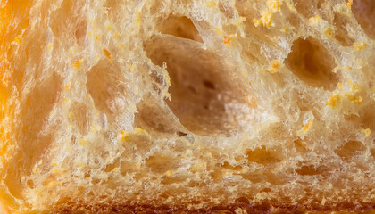 Cross-section of bread, revealing its airy and porous interior. Ideal for bakery and food-related content, emphasizing the lightness and texture of the bread.