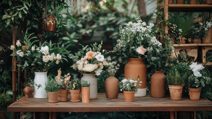 Victorian Garden Display with Intricate Floral Arrangements and Pottery Vases