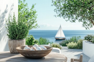 Obraz premium Seascape view from patio with eggs in bowl.