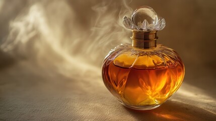 Ornate perfume bottle with warm light and smoke