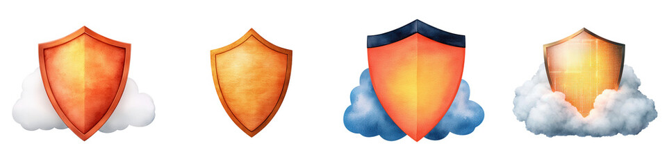Colorful shields with different creations on cloud backgrounds