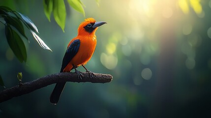 Fototapeta premium Orange bird perched on branch in lush rainforest, sun filtering through leaves