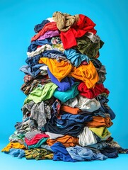 Fototapeta premium Colorful Laundry Pile Against Blue Background Freshly Washed Clothes Stacked High Cleanliness Concept