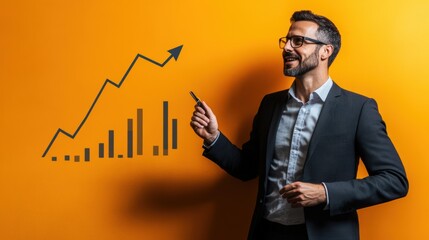 Analytical decorative background - Hand pointing to zigzag graph on gradient yellow background (financial analytics, progress, empty space for text)