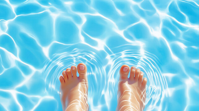 Calm waters reflect sunlight while bare feet create gentle ripples, inviting relaxation on a warm sunny day. A perfect moment to unwind and beat the heat of summer