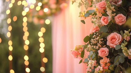 Whimsical Floral Arch for Wedding Celebration with Soft Lighting and Romantic Ambiance