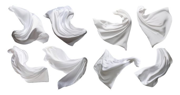 Elegant White Fabric Flowing in Various Dynamic Positions and Shapes, isolated on transparent background