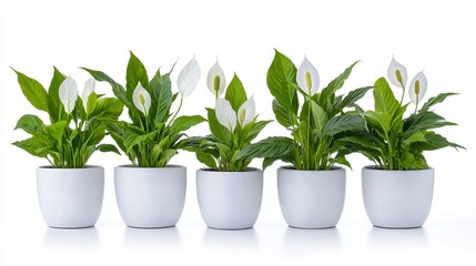 Fototapeta premium Five Peace Lilies In White Pots On White Background