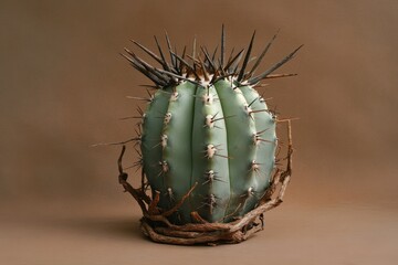 Single blue barrel cactus featuring long spines and dead roots
