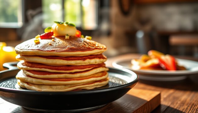 Pancake stack served on a vintage cast-iron griddle, with sunlight streaming through the cafes window onto the stacks