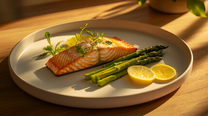A plate of freshly grilled salmon served with asparagus and lemon, bathed in soft, natural light for a culinary delight.
