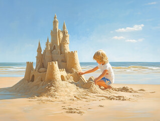 A child builds a sand castle on the beach under a clear sky