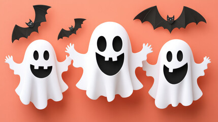 Obraz premium Playful ghosts with smiling faces and bats on vibrant orange background