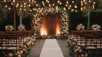 Fototapeta premium Ethereal Garden Wedding Decor with Twinkling Lights and Floral Arrangements