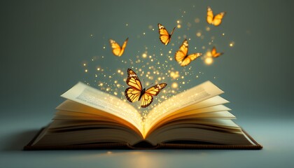 Open Book with Butterflies and Magical Light Representing Imagination