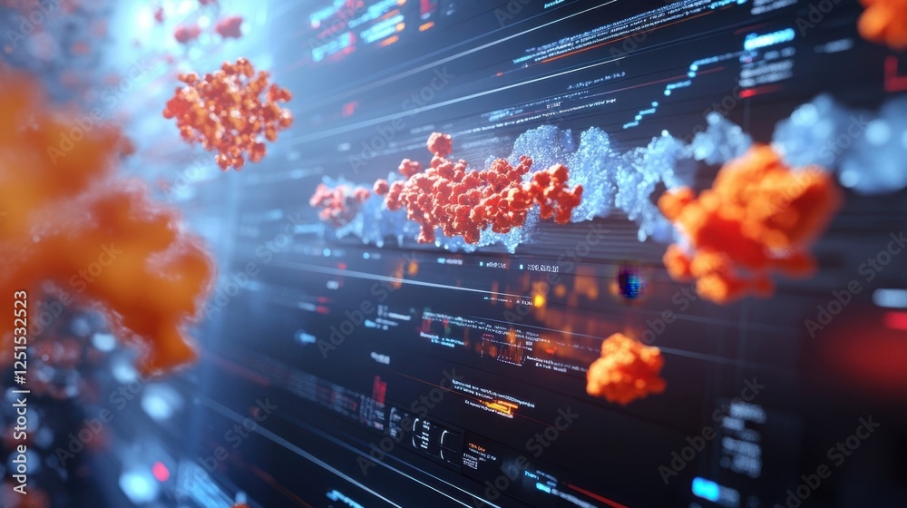 Poster abstract representation of molecular structures floating over digital data screens, illustrating com