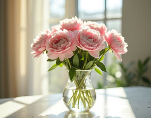 A soft pink peony bouquet in a glass vase. Generative AI