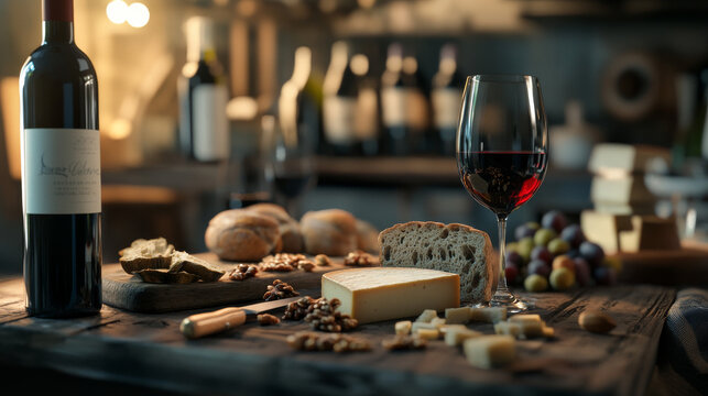 A rustic kitchen table adorned with cheese, bread, red wine, and walnuts, with an array of wine bottles softly blurred in the background